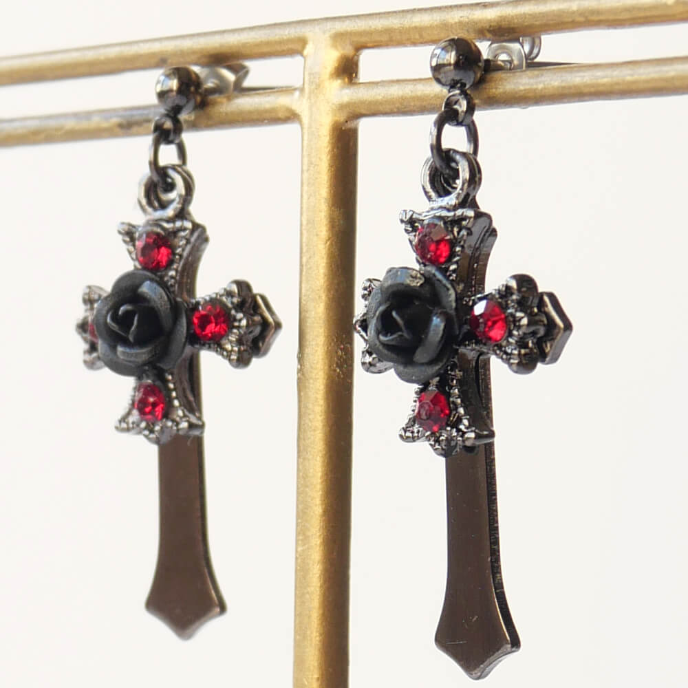ピアス 十字架 黒薔薇 ブラックローズ クロス