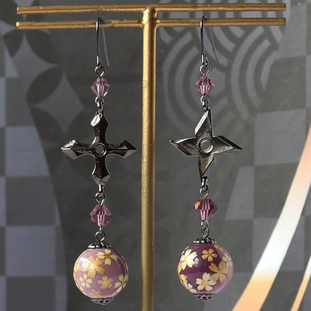 和ゴス ピアス 手裏剣 桜 和珠 パープル アシンメトリー ガンメタ レディース