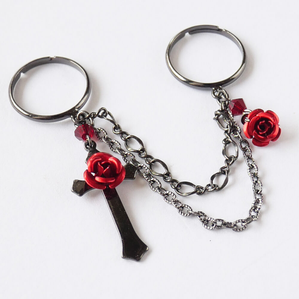 指輪 フリーサイズ 十字架 薔薇 ダブル リング