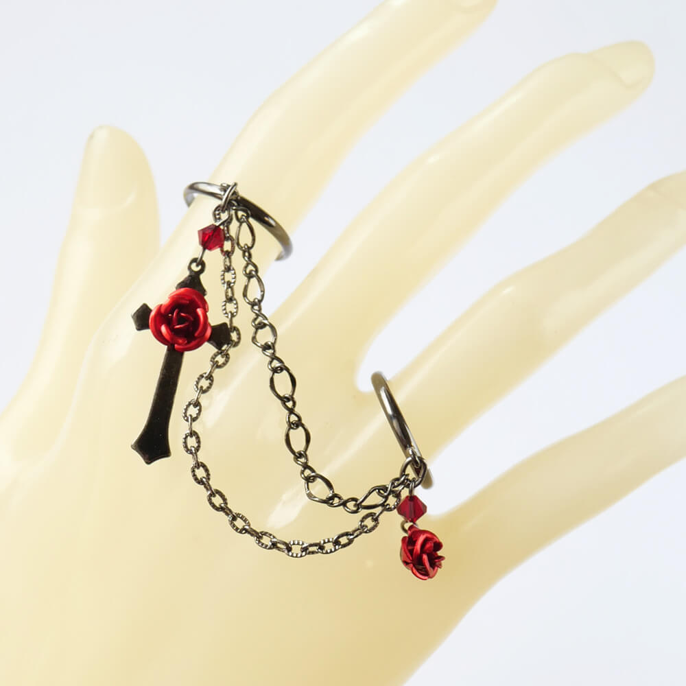 指輪 フリーサイズ 十字架 薔薇 ダブル リング