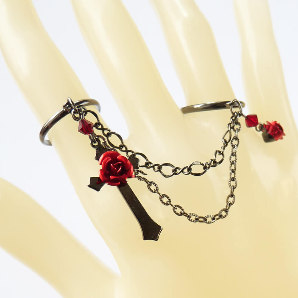 指輪 フリーサイズ 十字架 薔薇 ダブル リング