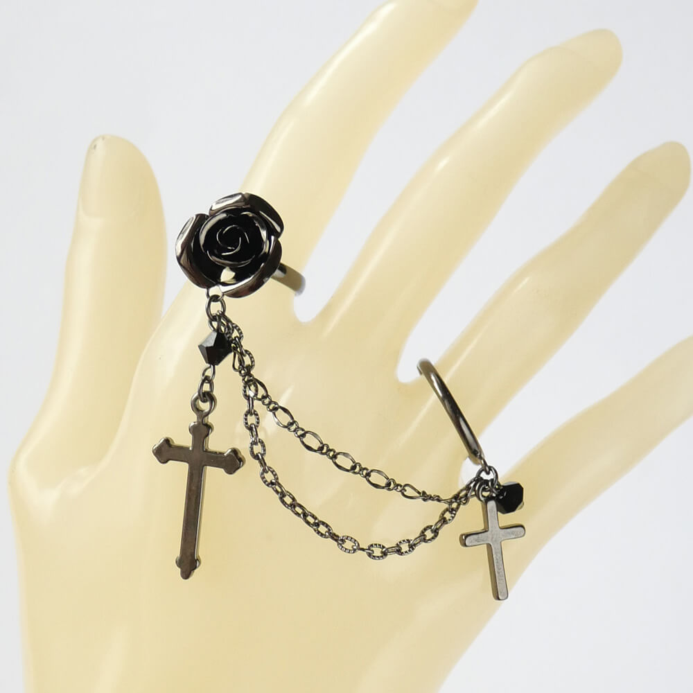 指輪 薔薇 十字架 ダブル フリーサイズ リング ゴスロリ