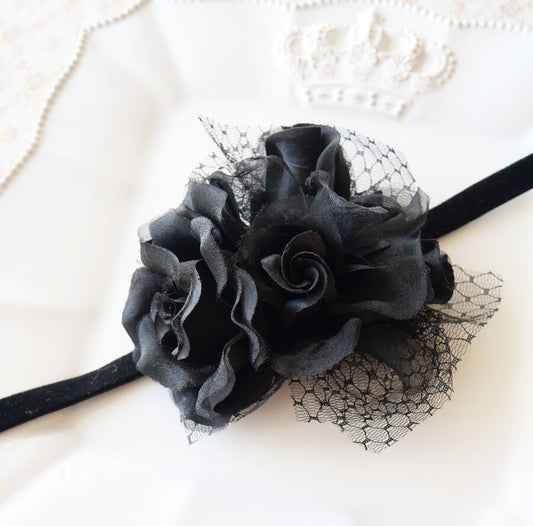 ゴスロリ チョーカー 黒薔薇 つぼみ チュール ベロアリボン ロングリボン ブラック ゴシック
