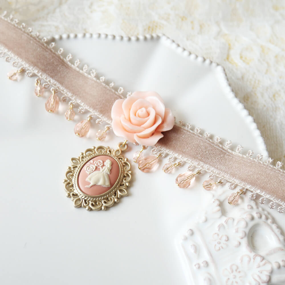 アリス カメオ チョーカー ピンクローズ 薔薇 ロリータ ゴシック ゴスロリ 姫系 ネックレス レディース