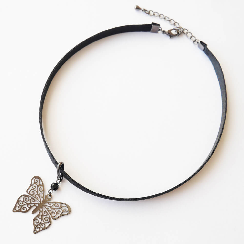 ステンド 蝶 ガンメタ サテン チョーカー 細め レディース